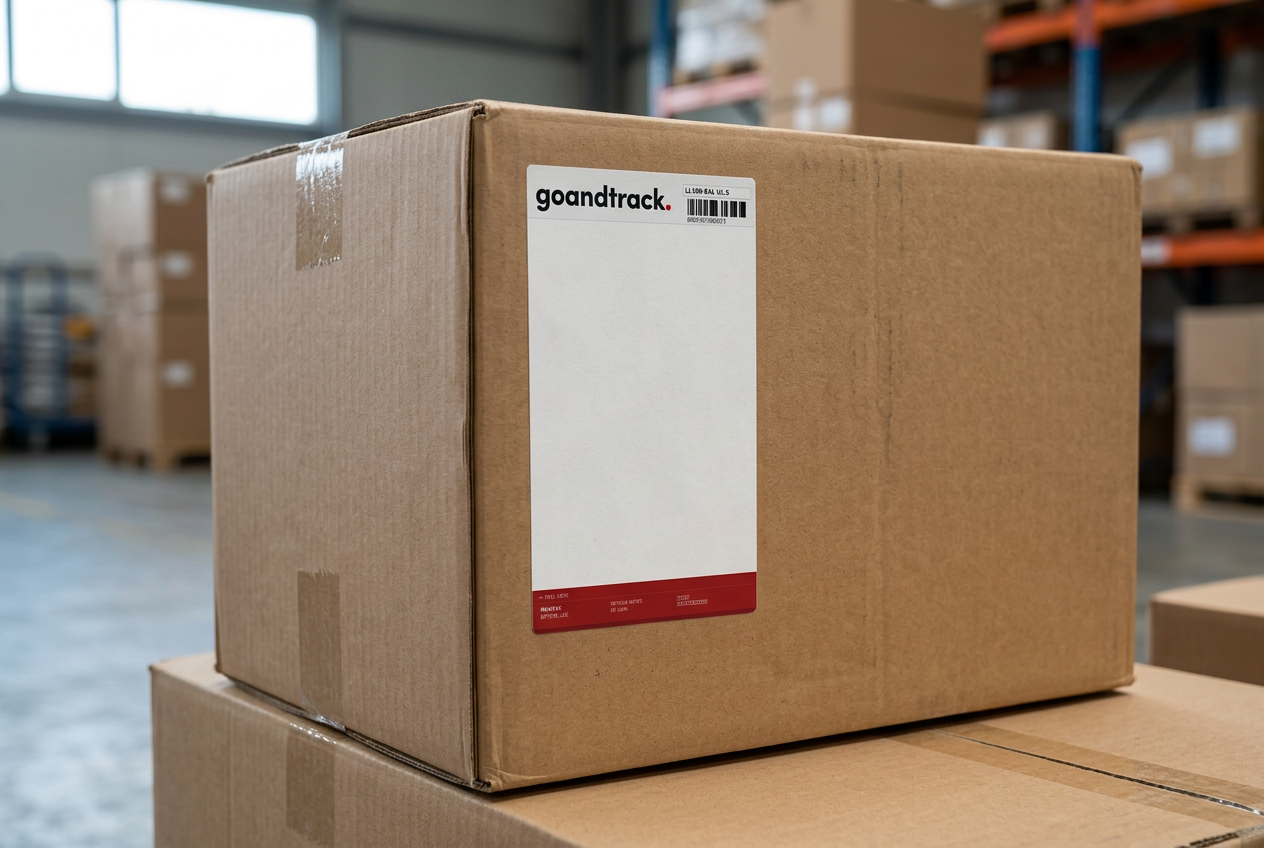 LL100 4G smart label applied to a cardboard carton in a warehouse