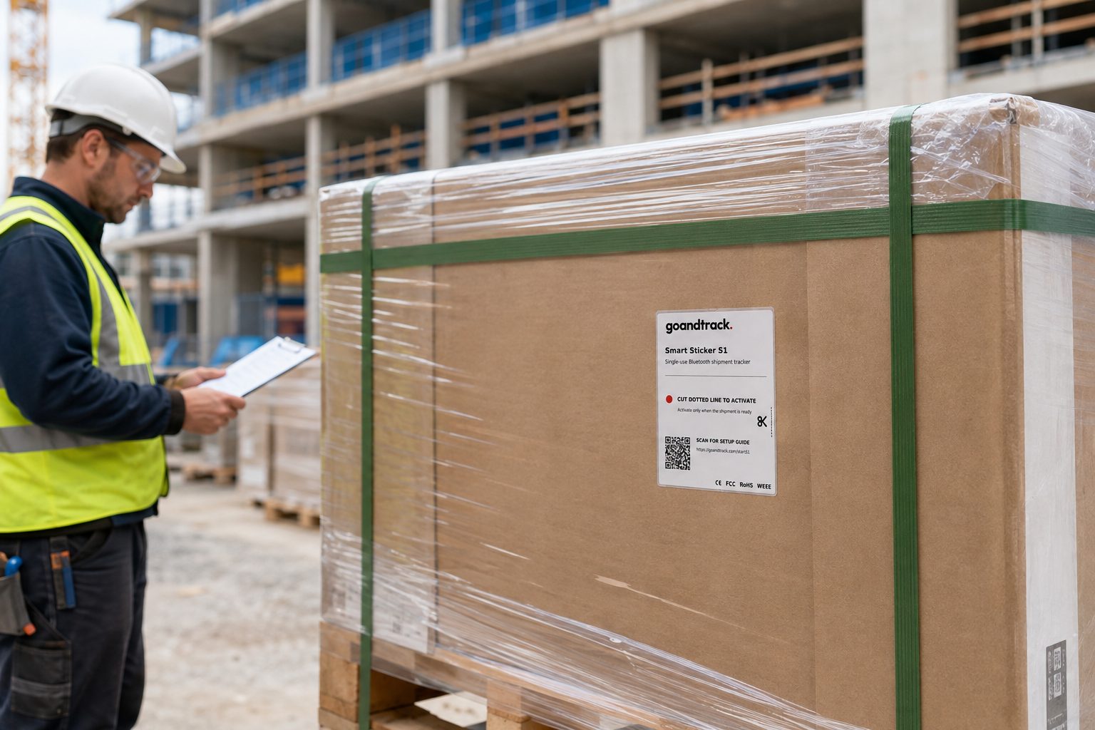 GNTS1 Smart Sticker S1 on a strapped pallet delivered to a construction site