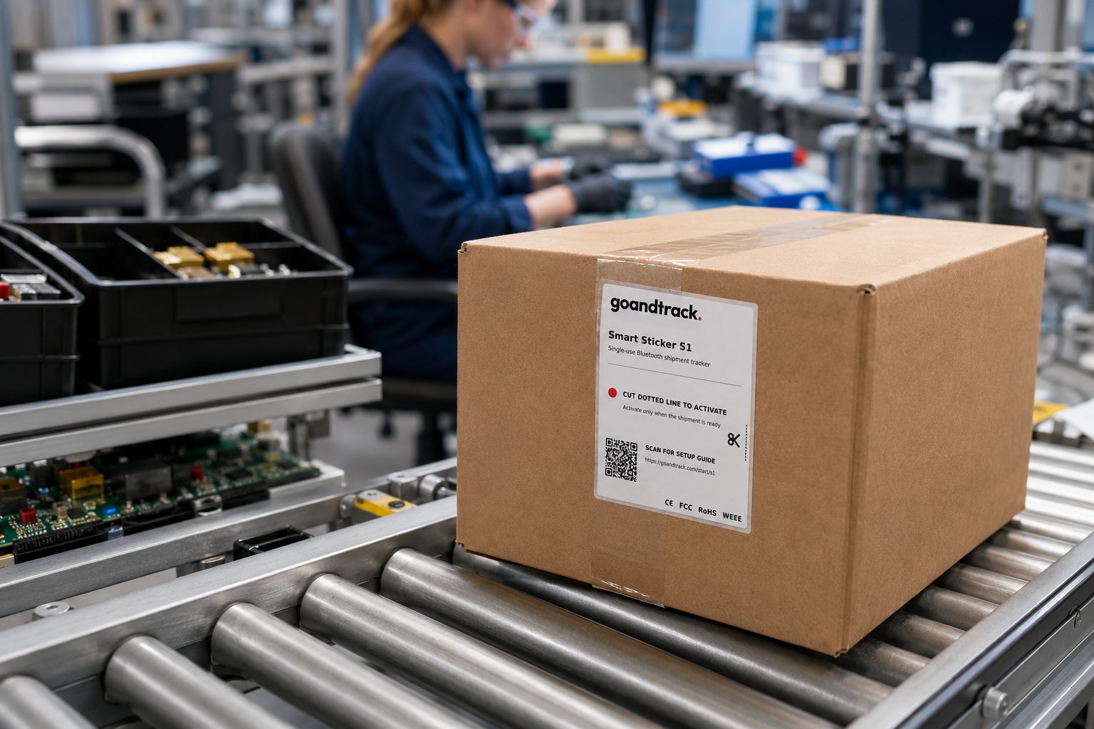 GNTS1 Smart Sticker S1 on a work-in-progress box on an electronics assembly line