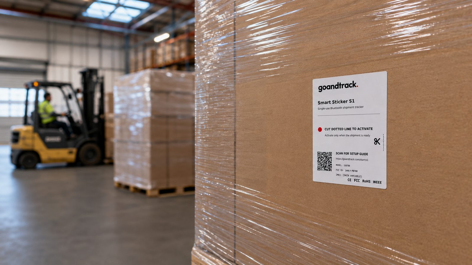 GNTS1 Smart Sticker S1 on shrink-wrapped palletised freight in a warehouse