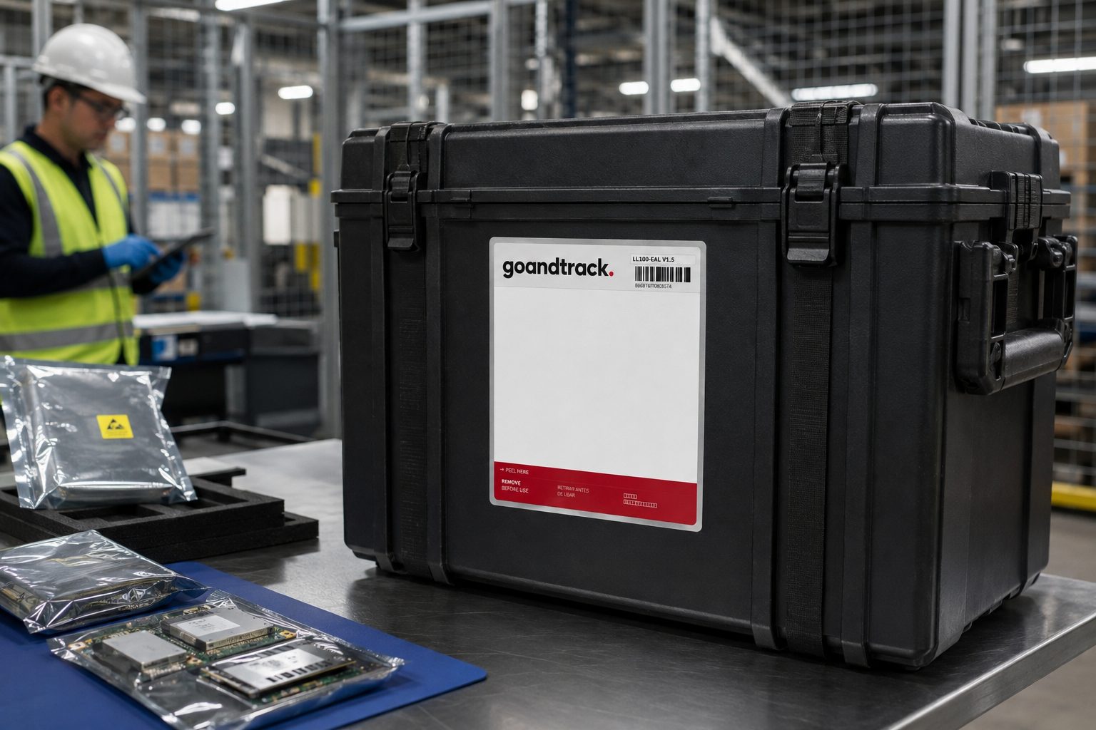 LL100 smart label on a rugged case of high-value electronics in ESD packaging